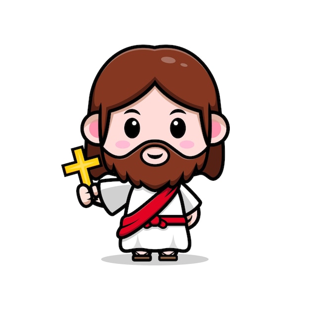 Cute Jesus Christ holding a cross vector cartoon christian illustration