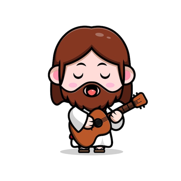 Cute Jesus Christ playing guitar and singing vector cartoon christian illustration