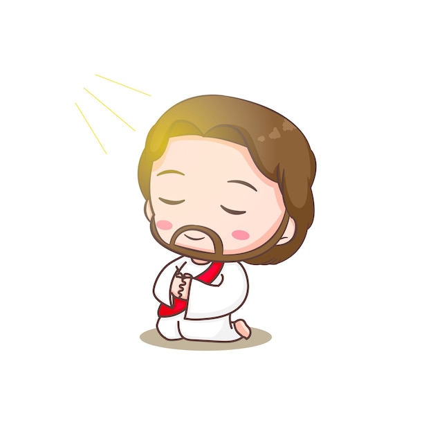 Cute Jesus kneeling and praying. Chibi cartoon character isolated white background.