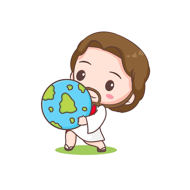 Cute Jesus upholds the world. Chibi cartoon character isolated white background.