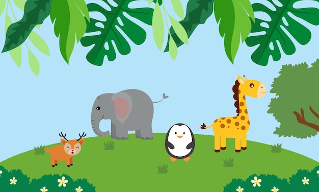 Cute jungle animals in cartoon style, wild animal, zoo designs for background illustration