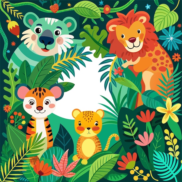 Cute Jungle Animals Illustration with Floral Frame