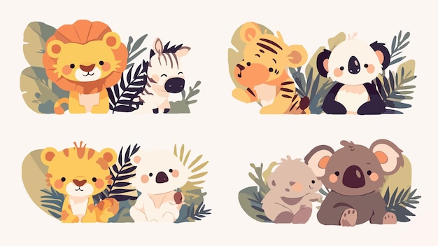 Vector cute jungle animals stickers with zebra