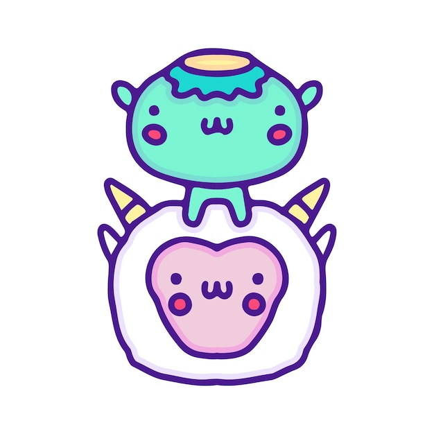 Cute kappa and sheep illustration, with soft pop style and old style 90s cartoon.