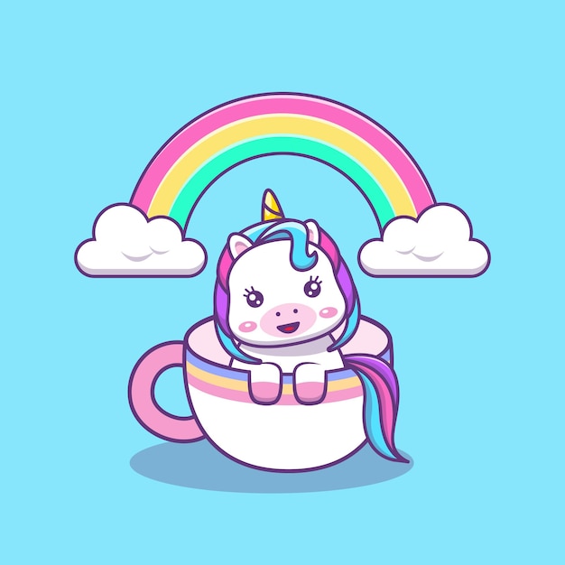 Cute kawai unicorn in coffee or tea cup cartoon illustration