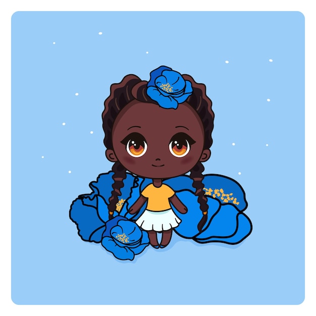 Cute and kawaii afro american girl with poppies. Happily manga chibi girl with blue flowers. Vector.