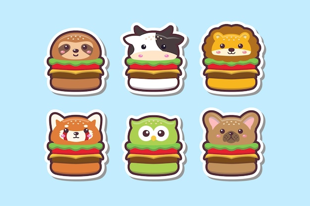 Cute Kawaii Animal Burger Drawing Sticker Set Illustration