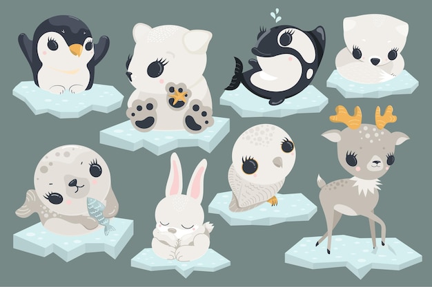 Cute kawaii arctic polar baby animals set on ice as illustration