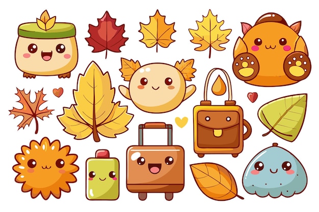 Vector cute kawaii autumn illustrations with leaves characters and objects