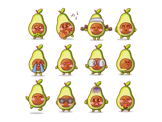 Cute and Kawaii Avocado Sticker Illustration Set