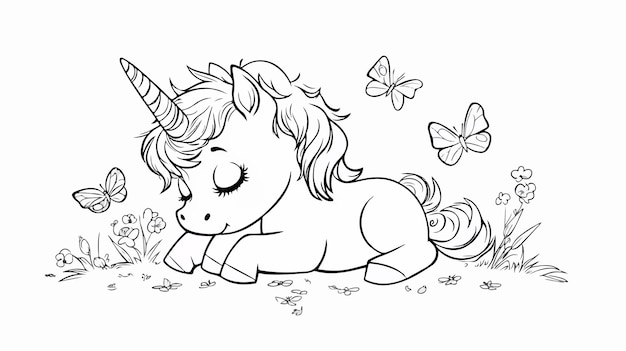 Cute Kawaii Baby Unicorn Playing with Butterflies