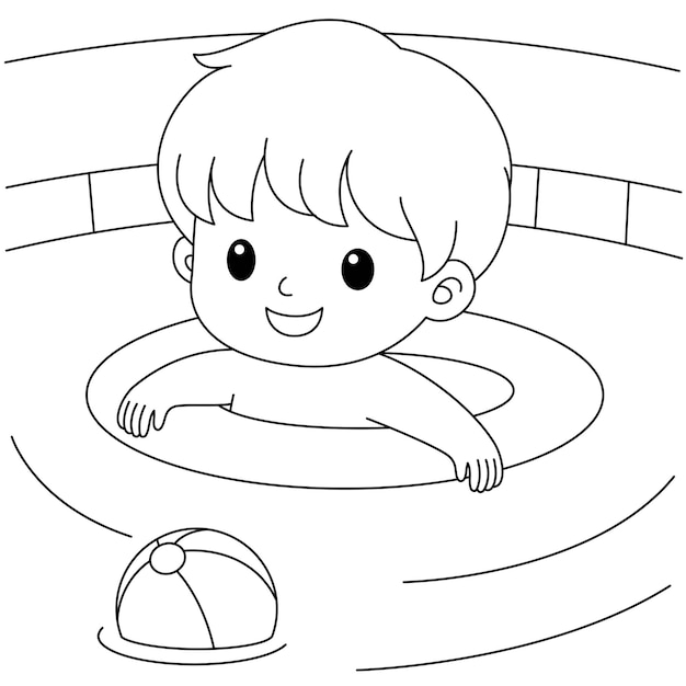 Vector cute kawaii boy in swimming pool summer cartoon character coloring page vector illustration