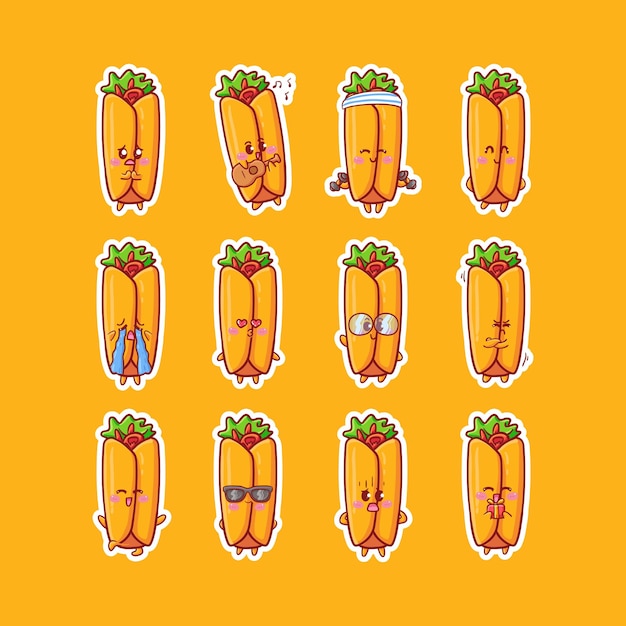 Cute Kawaii Burrito Character Sticker Illustration Set With Various Activity and Happy Expression