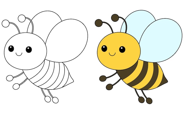 Cute kawaii cartoon character bee coloring page vector printable worksheets for preschool