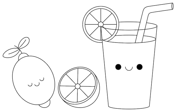 Cute kawaii cartoon character lemon and lemon tea coloring page