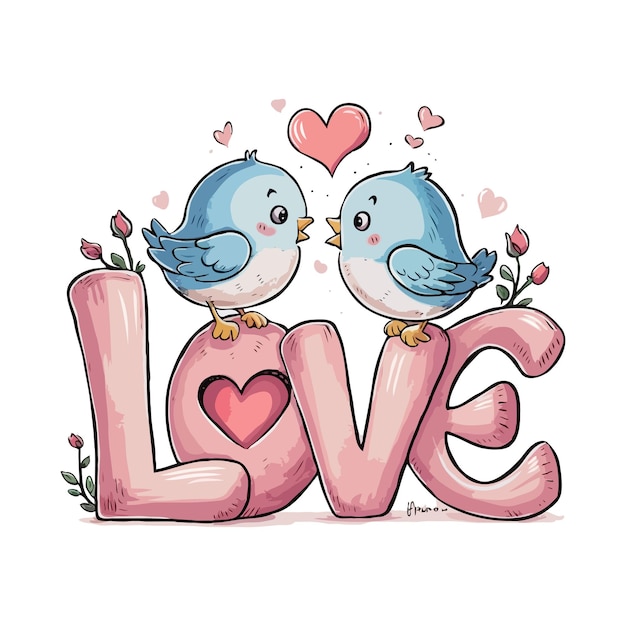 Cute kawaii cartoon love couple birds vector illustration