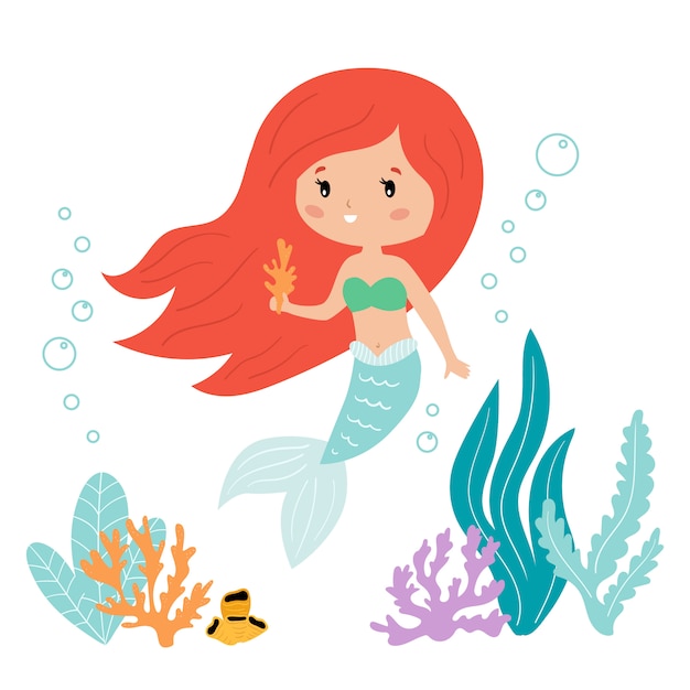 Cute kawaii cartoon mermaid with seaweed and coral.