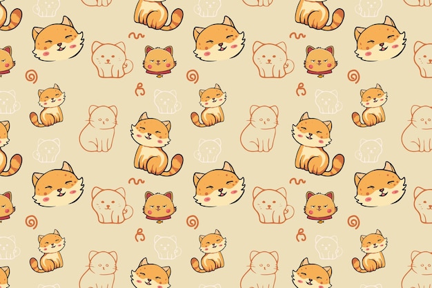 Cute Kawaii Cats or kittens in funny poses vector seamless pattern Funny cartoon fat cats for print