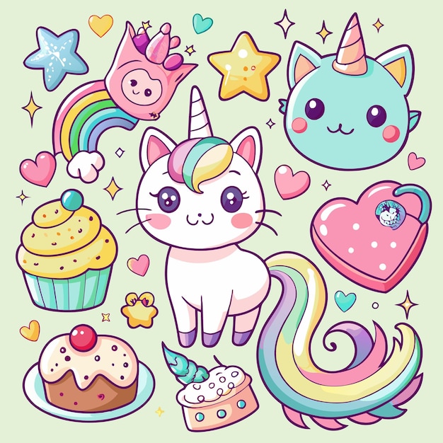 Cute Kawaii Cats and Rainbow Stickers Adorable Digital Clipart for Kids and Crafts