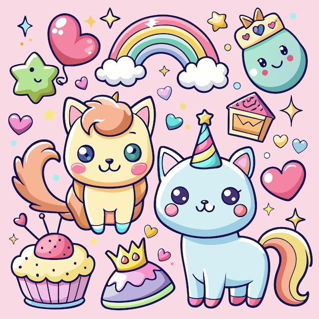 Cute Kawaii Cats and Rainbow Stickers Adorable Digital Clipart for Kids and Crafts