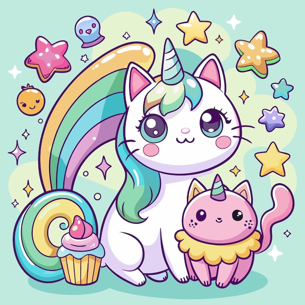 Cute Kawaii Cats and Rainbow Stickers Adorable Digital Clipart for Kids and Crafts