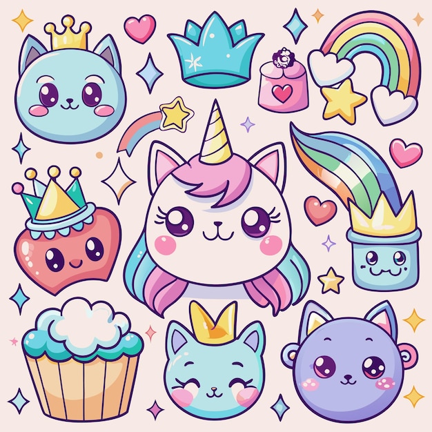 Cute Kawaii Cats and Rainbow Stickers Adorable Digital Clipart for Kids and Crafts