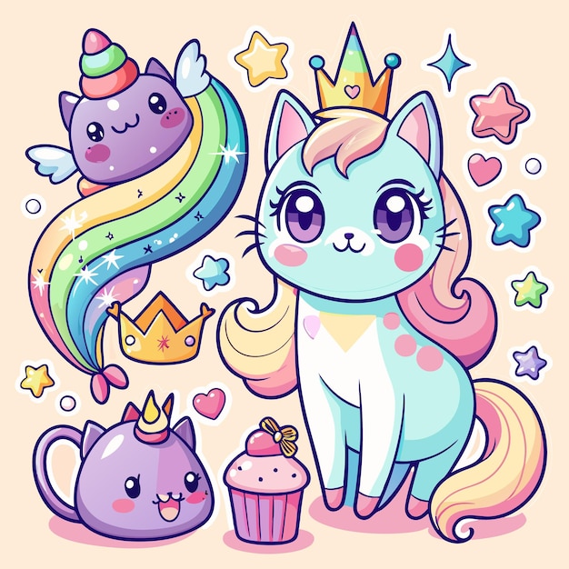 Cute Kawaii Cats and Rainbow Stickers Adorable Digital Clipart for Kids and Crafts