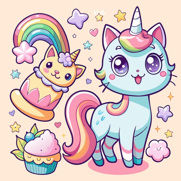 Cute Kawaii Cats and Rainbow Stickers Adorable Digital Clipart for Kids and Crafts