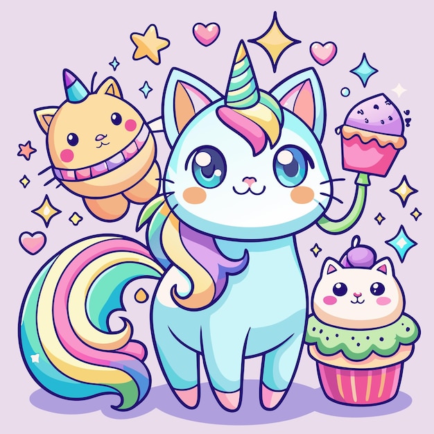 Cute Kawaii Cats and Rainbow Stickers Adorable Digital Clipart for Kids and Crafts