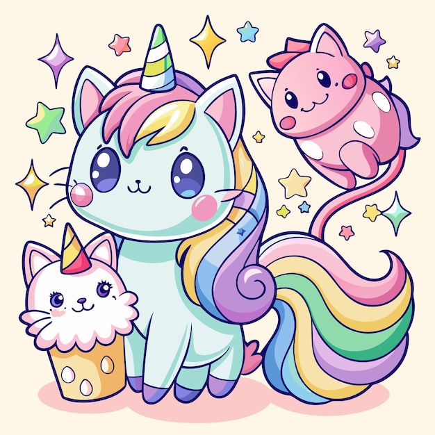 Cute Kawaii Cats and Rainbow Stickers Adorable Digital Clipart for Kids and Crafts