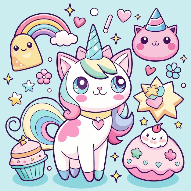 Cute Kawaii Cats and Rainbow Stickers Adorable Digital Clipart for Kids and Crafts