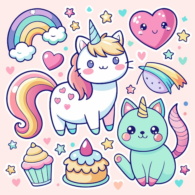 Cute Kawaii Cats and Rainbow Stickers Adorable Digital Clipart for Kids and Crafts