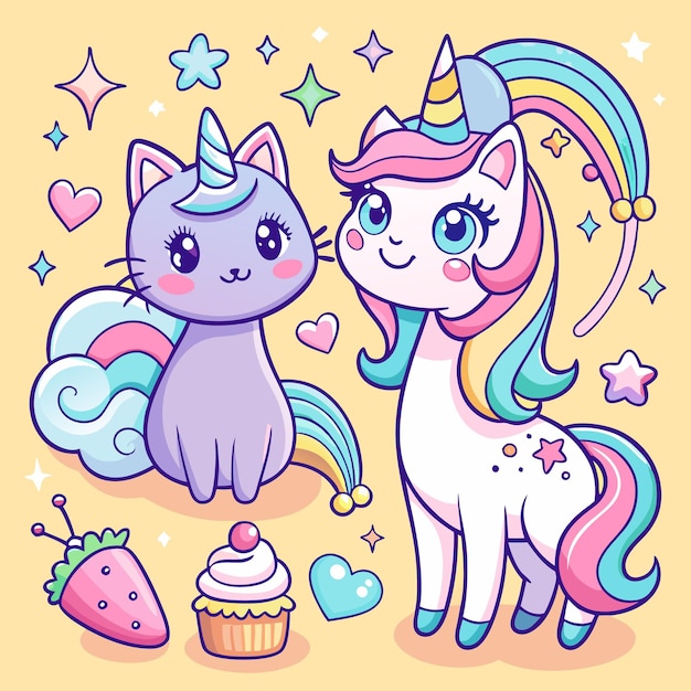 Cute Kawaii Cats and Rainbow Stickers Adorable Digital Clipart for Kids and Crafts