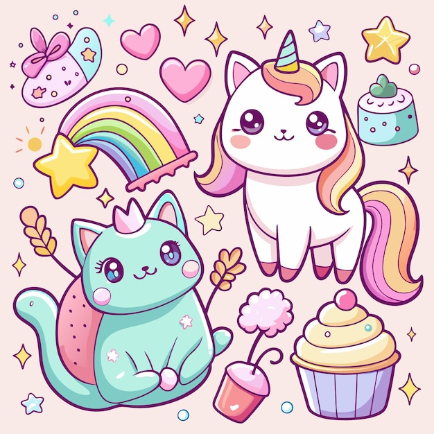 Cute Kawaii Cats and Rainbow Stickers Adorable Digital Clipart for Kids and Crafts