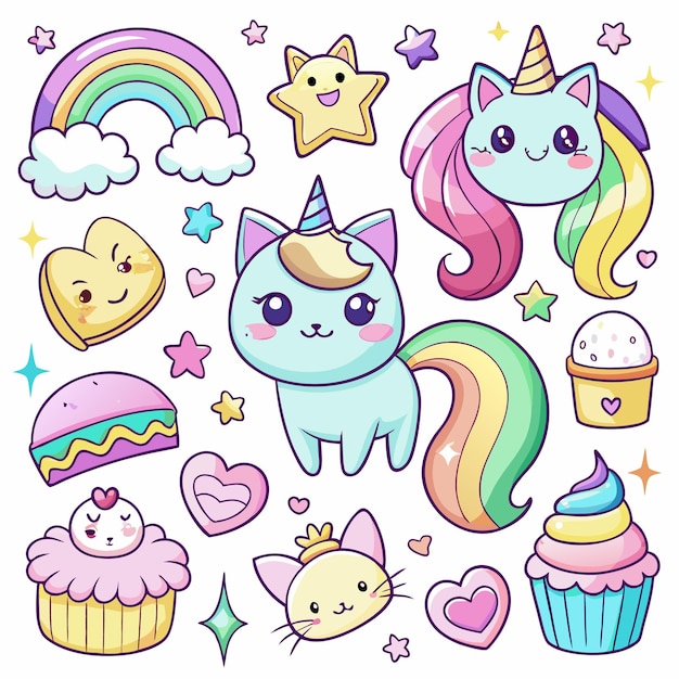 Cute Kawaii Cats and Rainbow Stickers Adorable Digital Clipart for Kids and Crafts