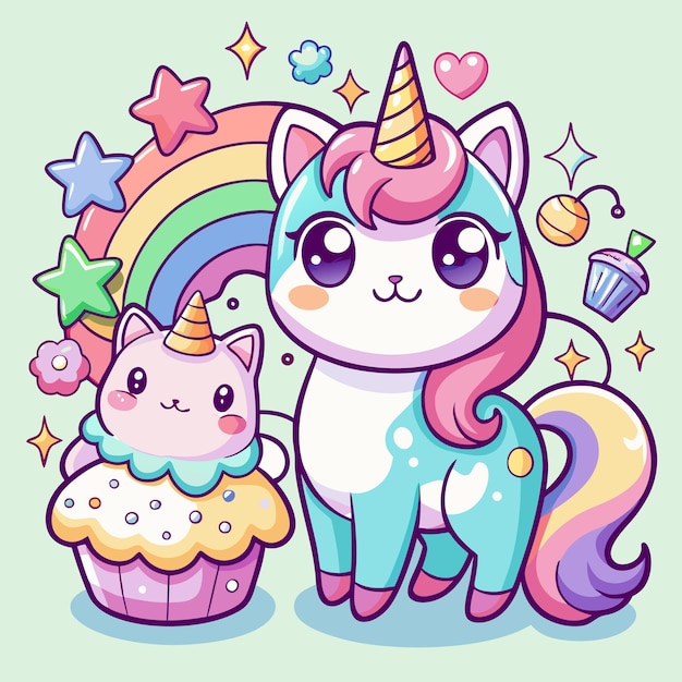 Cute Kawaii Cats and Rainbow Stickers Adorable Digital Clipart for Kids and Crafts