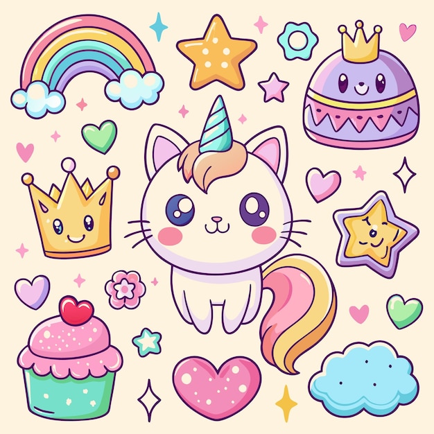 Cute Kawaii Cats and Rainbow Stickers Adorable Digital Clipart for Kids and Crafts