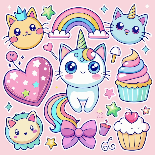 Cute Kawaii Cats and Rainbow Stickers Adorable Digital Clipart for Kids and Crafts