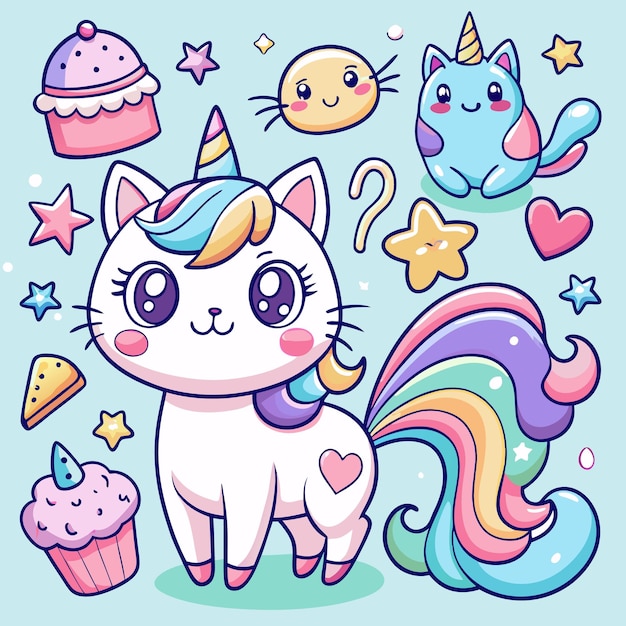 Cute Kawaii Cats and Rainbow Stickers Adorable Digital Clipart for Kids and Crafts