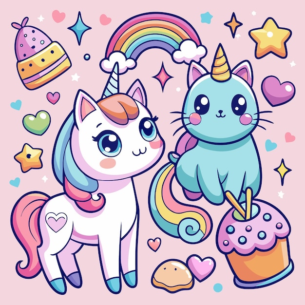 Cute Kawaii Cats and Rainbow Stickers Adorable Digital Clipart for Kids and Crafts