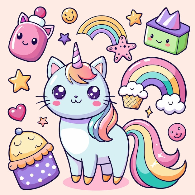 Cute Kawaii Cats and Rainbow Stickers Adorable Digital Clipart for Kids and Crafts