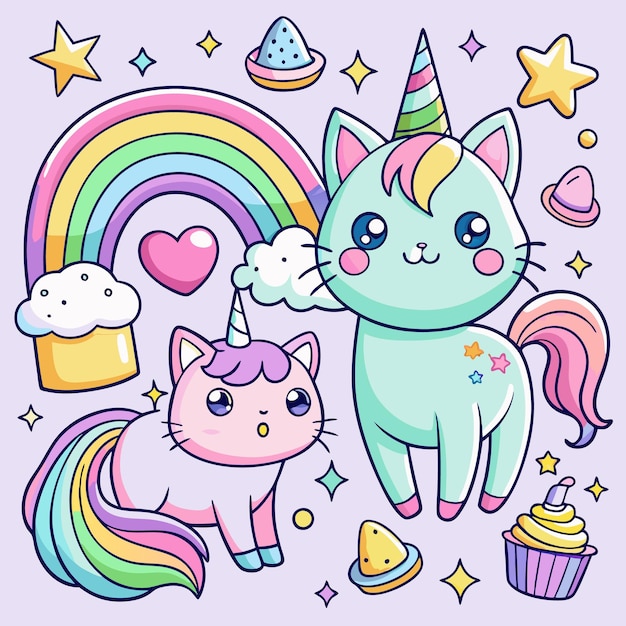 Cute Kawaii Cats and Rainbow Stickers Adorable Digital Clipart for Kids and Crafts