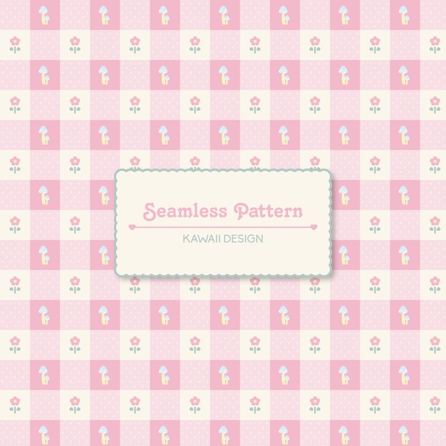 Cute kawaii checkered mushrooms and flowers seamless pattern