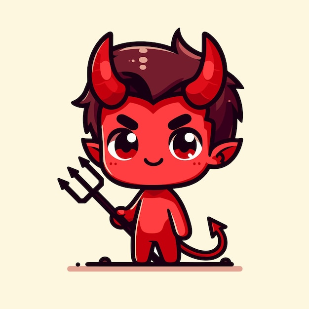 cute kawaii chibi cartoon of a red devil with a fork in his hand