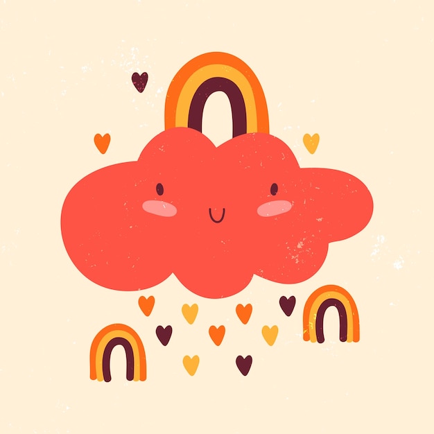 Cute kawaii cloud with rainbow and rain of hearts Cartoon character smiling Rainy weather