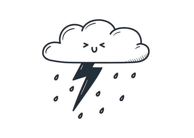 Cute kawaii cloud with thunderstorm and rain doodle cartoon style