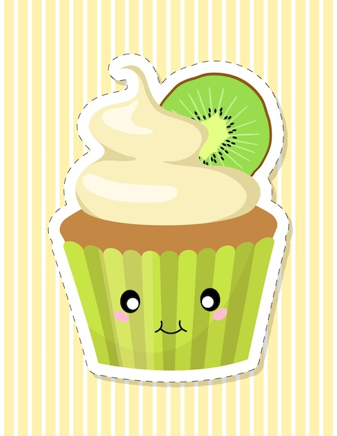 Cute kawaii cupcake character. Cake decorated with whipped cream and kiwi