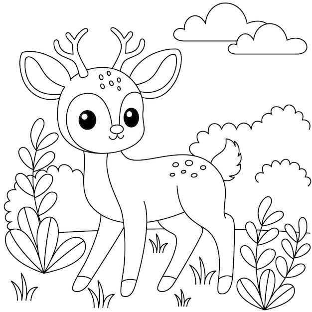 Cute kawaii deer cartoon character in the forest background coloring page vector illustration