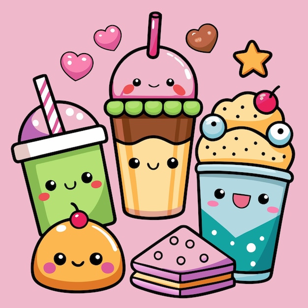 Vector cute kawaii desserts and drinks with smiling faces