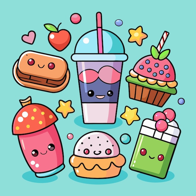 Vector cute kawaii desserts and drinks with smiling faces